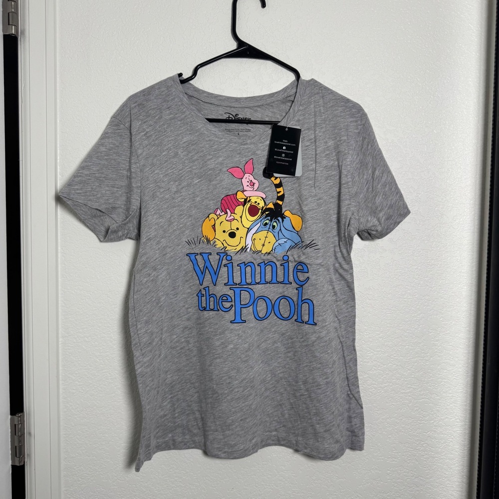 Disney Graphic T-Shirt Women L Gray Winnie the Pooh Friends NWT Short Sleeve